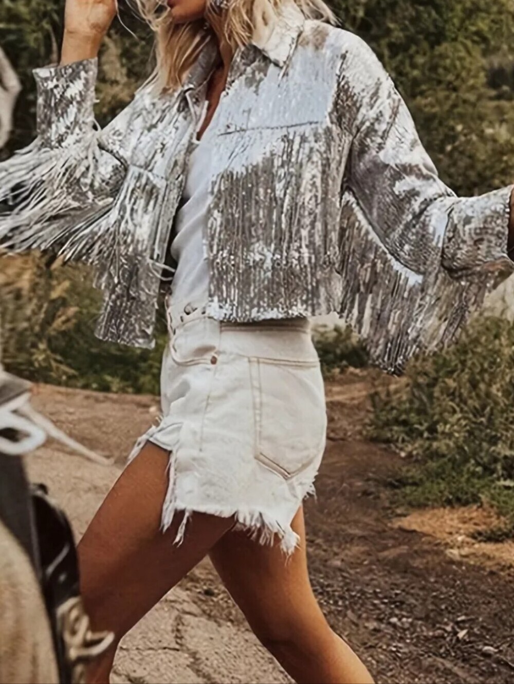 Fashionable, Elegant, and Cool Sequined Vintage Silvery Tassel Jacket Top, Long-